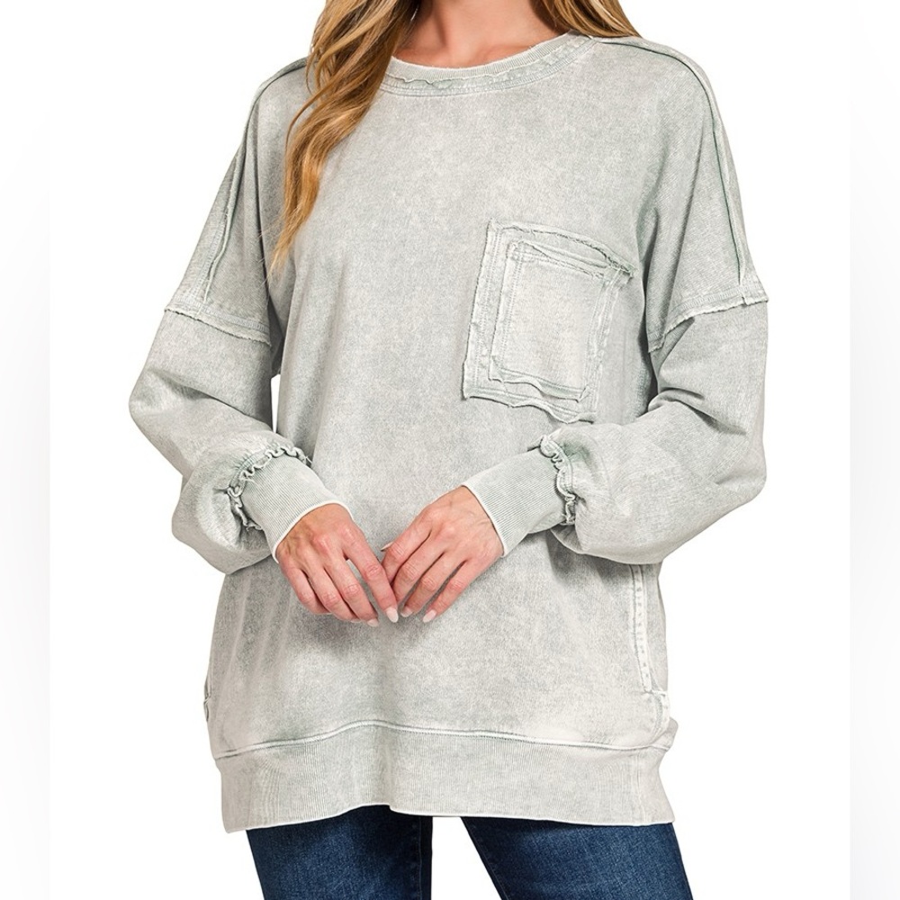 NWT Zenana Light Gray Acid Wash French Terry Oversized Crewneck Sweatshirt
